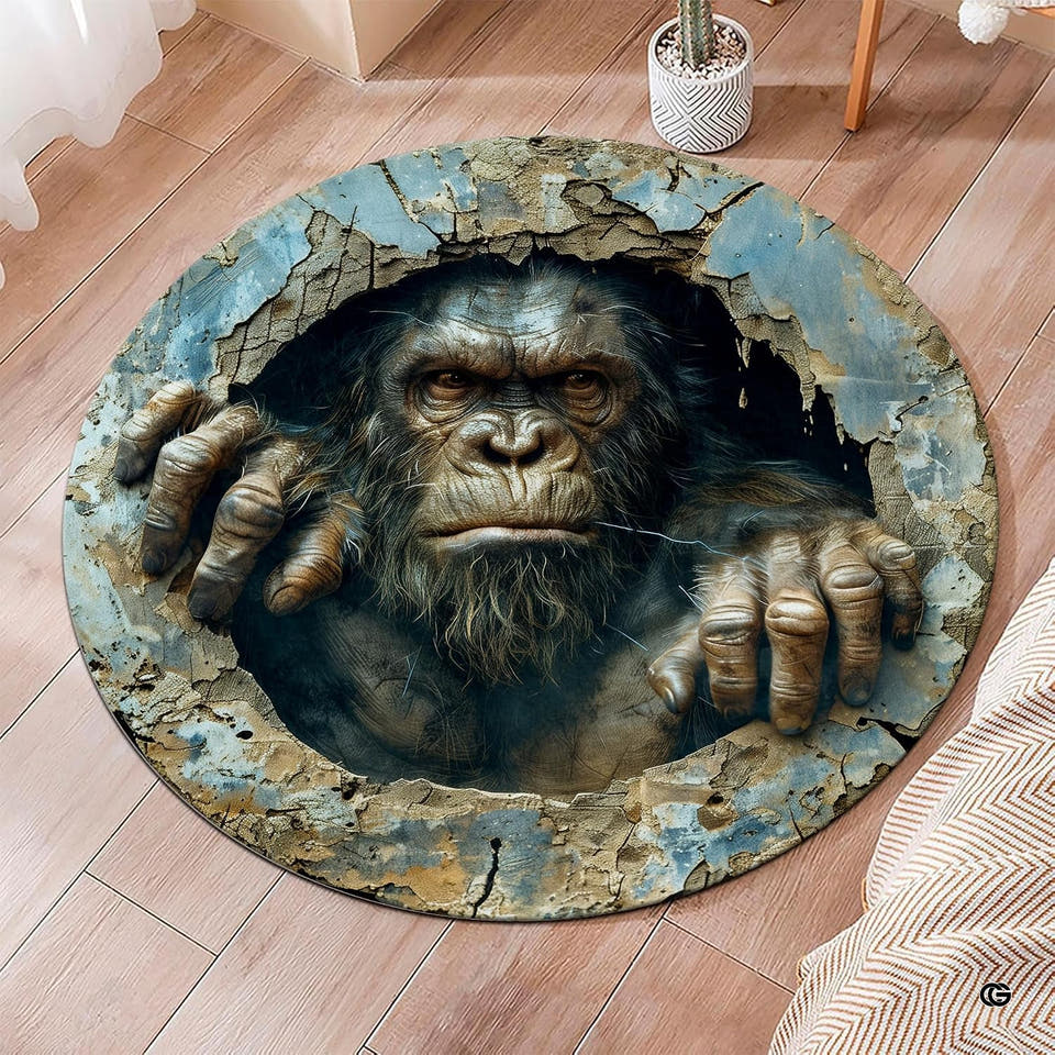 3D optical illusion gorilla cracked stone hole circular area rug in primary perspective