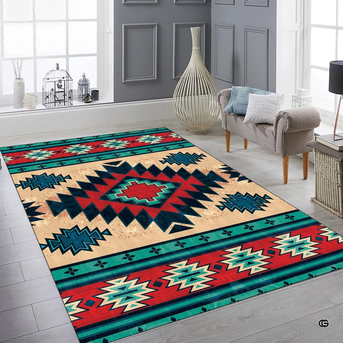 Close-up view of the soft microfiber surface, stepped Navajo diamond, and turquoise borders - image 3 of 7