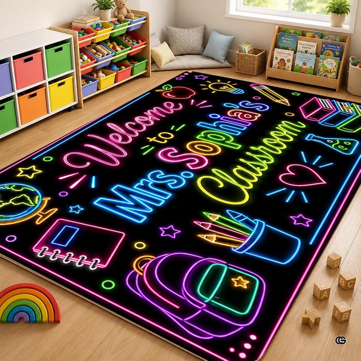 Personalized Teacher Classroom Rug, Custom Back to School Welcome Mat with Name, Kindergarten Preschool Elementary Decor, Composition Notebook Carpet (A08)
