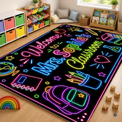 Personalized Teacher Classroom Rug, Custom Back to School Welcome Mat with Name, Kindergarten Preschool Elementary Decor, Composition Notebook Carpet (A08)