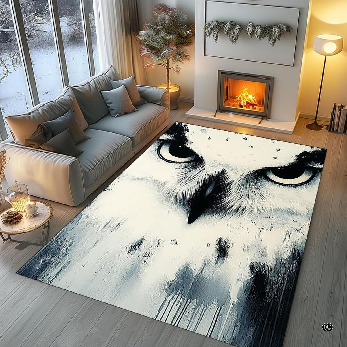 Arctic owl close up floor rug placed in cozy bedroom setting