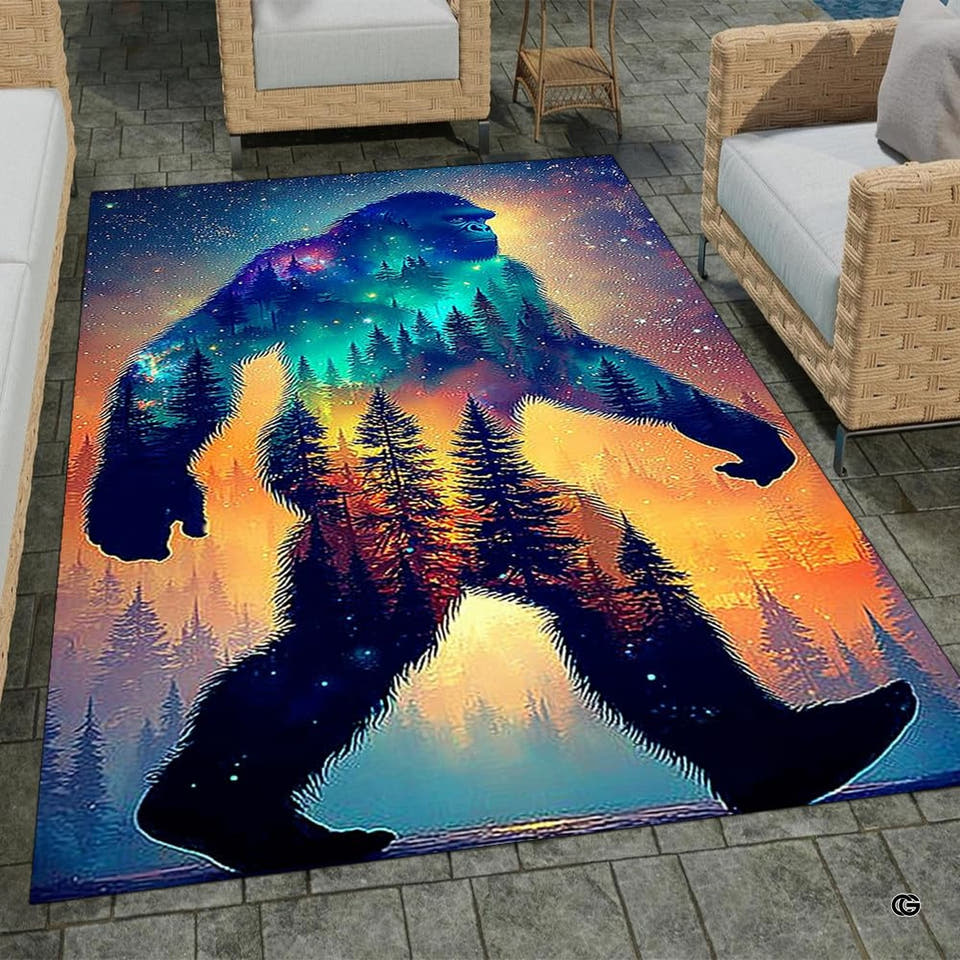 Top-down view of cosmic Bigfoot area rug placed between wicker seating on tiled patio flooring.