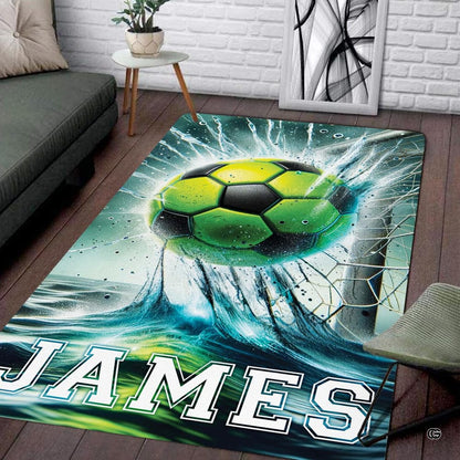 Perspective angle highlighting rich turquoise water illustration on a soccer sports area rug. - thumbnail image 7 of 8