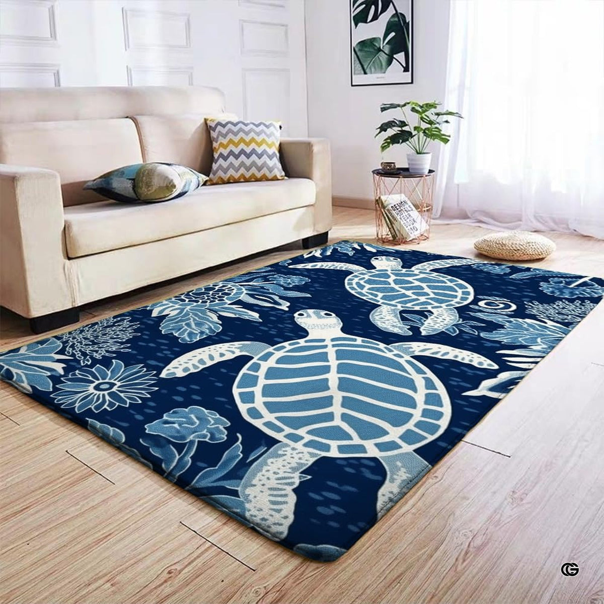 Stylized room scene presenting the marine wildlife rug placed under modern coastal seating with sea turtle motifs.