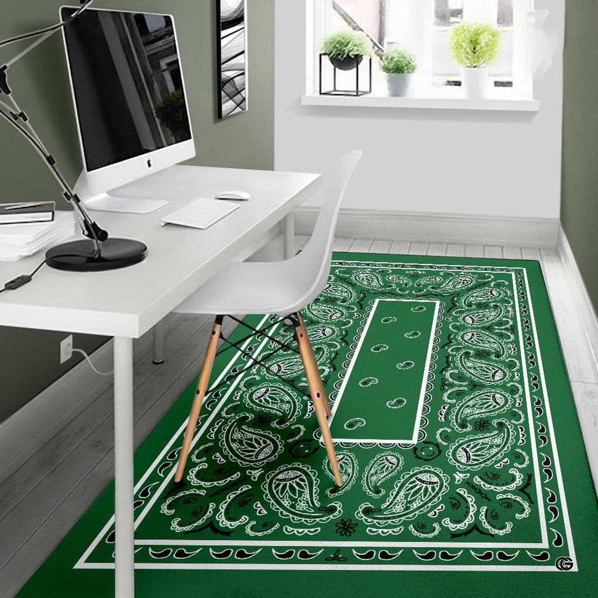 Corner angle displaying geometric frame lines and ornamental scroll borders on green bandana rug. - image 5 of 9