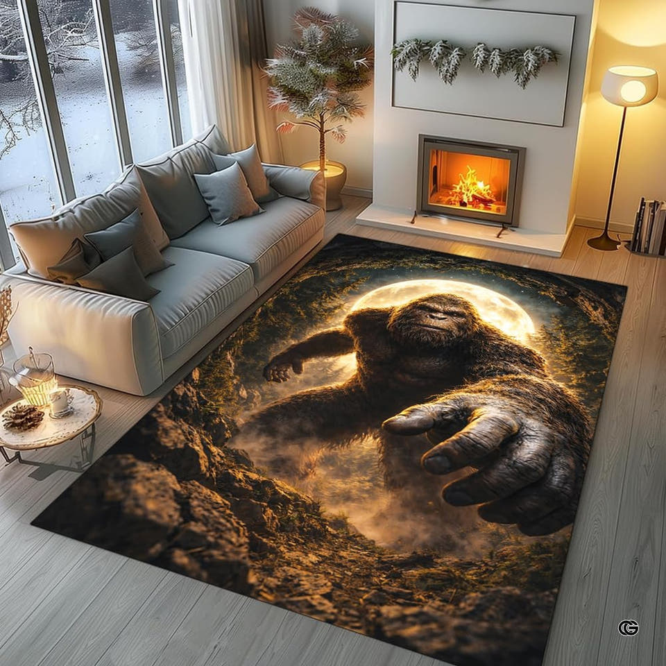 Bigfoot rug with a dark creature reaching through golden dust