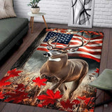 Whitetail buck area rug with American flag and autumn leaves as a masculine area rug for bedroom styling.