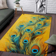 Modern living room sofa setting displaying the golden peacock feathers wildlife area rug - thumbnail image 1 of 7