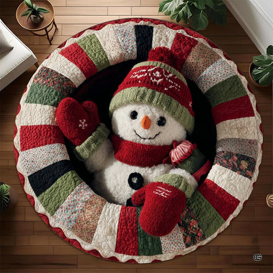 Happy holidays floor mat round area rug with snowman and patchwork wreath border.