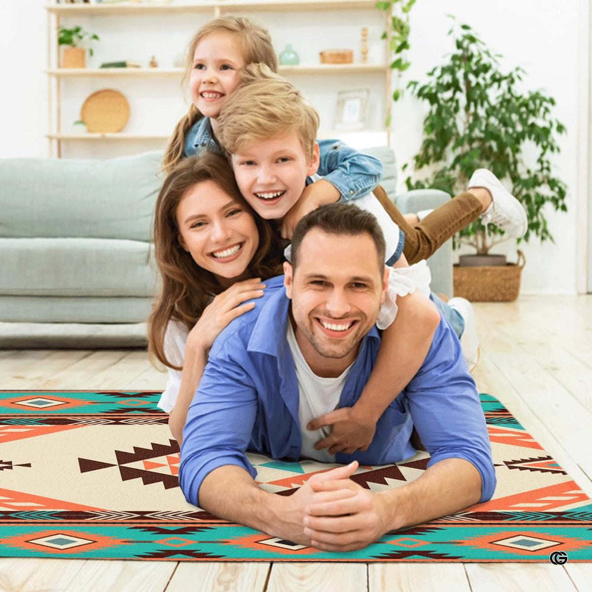 Side angle view displaying turquoise blue and terracotta orange accents across the tribal rug design.