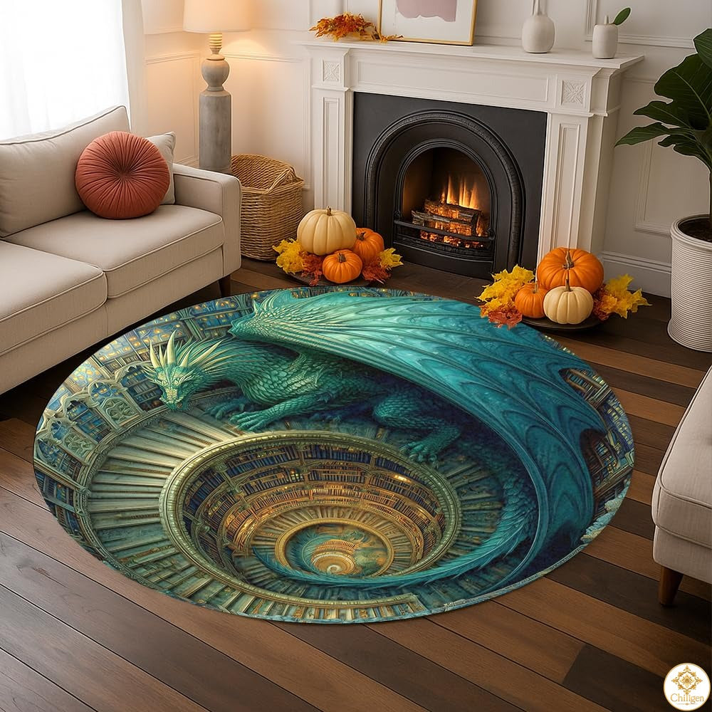 Personalized Dragon Welcome Mat with 3D Effect and Library Art