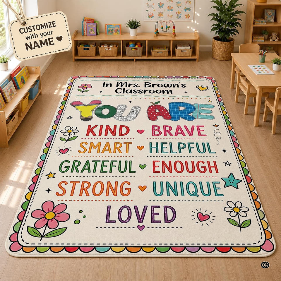 Classroom Area Rug featuring an off-white background and colorful scalloped border.