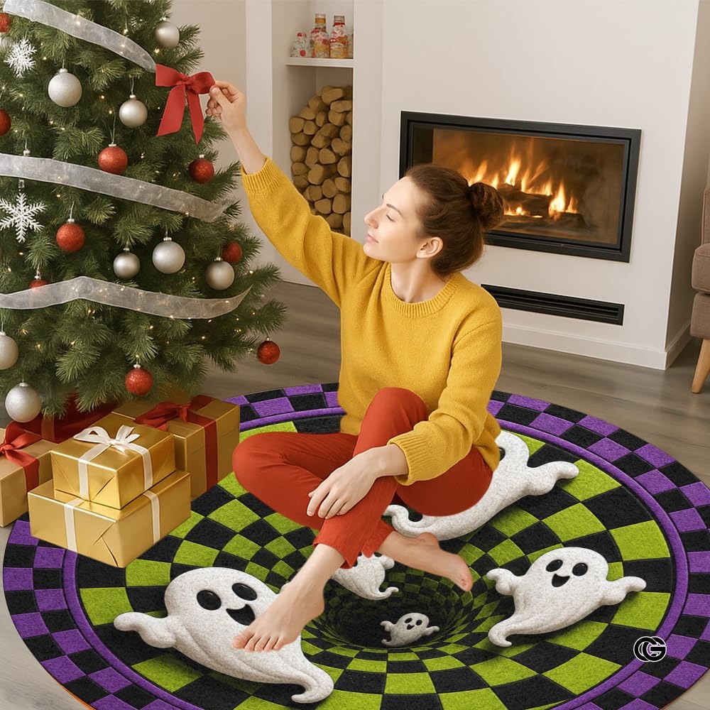 Personalized Halloween 3D Optical Illusion Ghost Round Rug (A01)