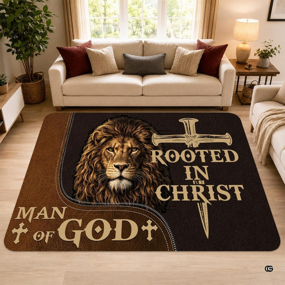 Full overhead view of lion head and cross faith area rug centered on wooden floor between beige sofa and plants