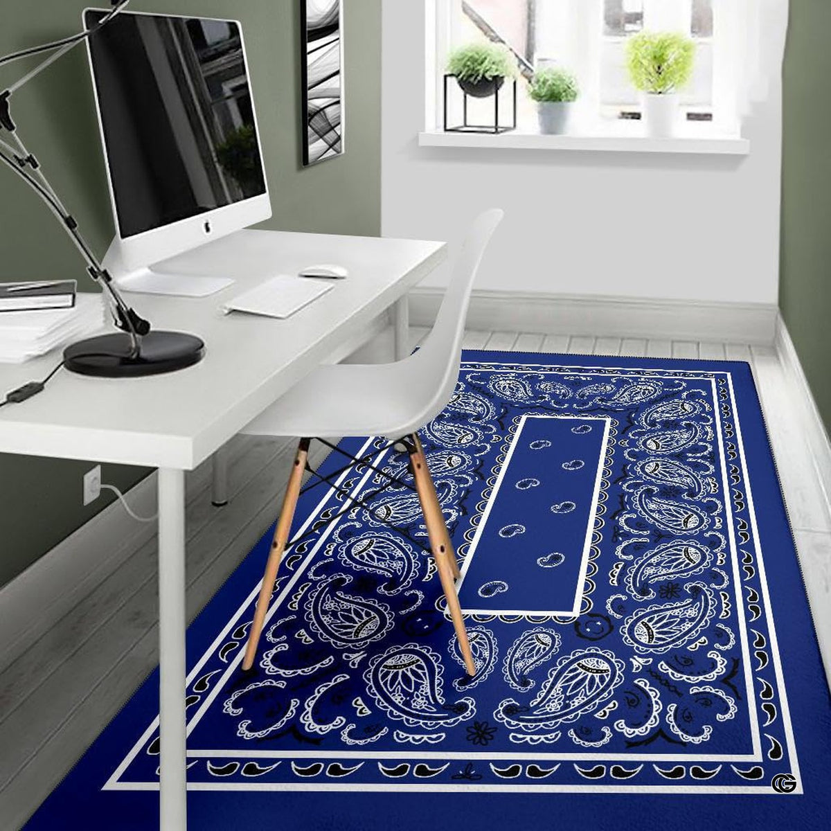 Cozy modern living room arrangement styling the navy blue bandana paisley rug