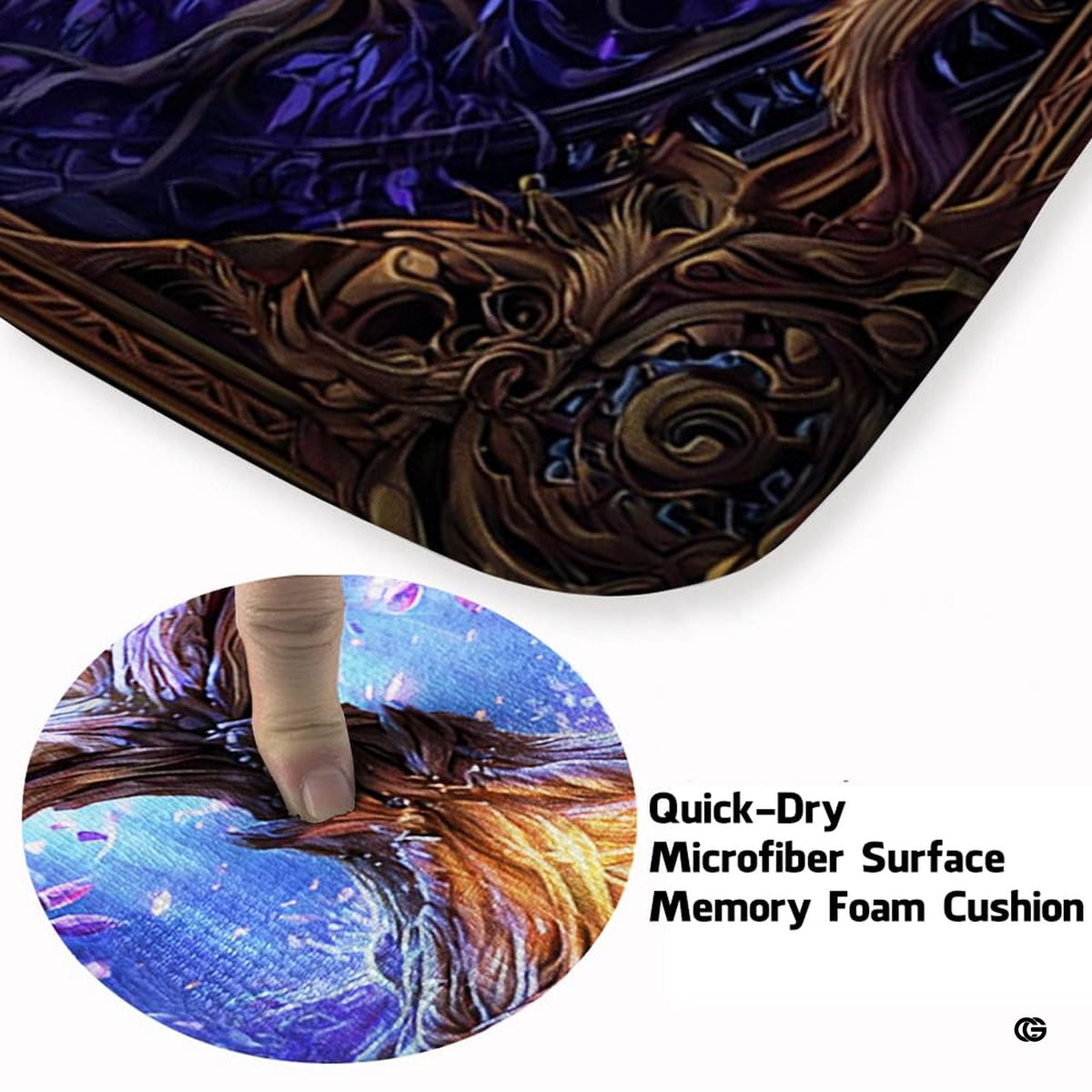 Fireside lounge setting with a person relaxing on the amethyst Tree of Life rug