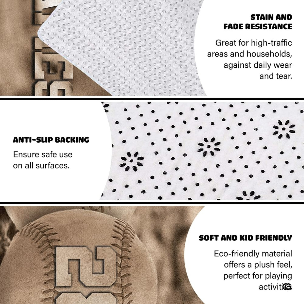 Infographic showing the non-skid dot backing and edge stitching of the baseball rug