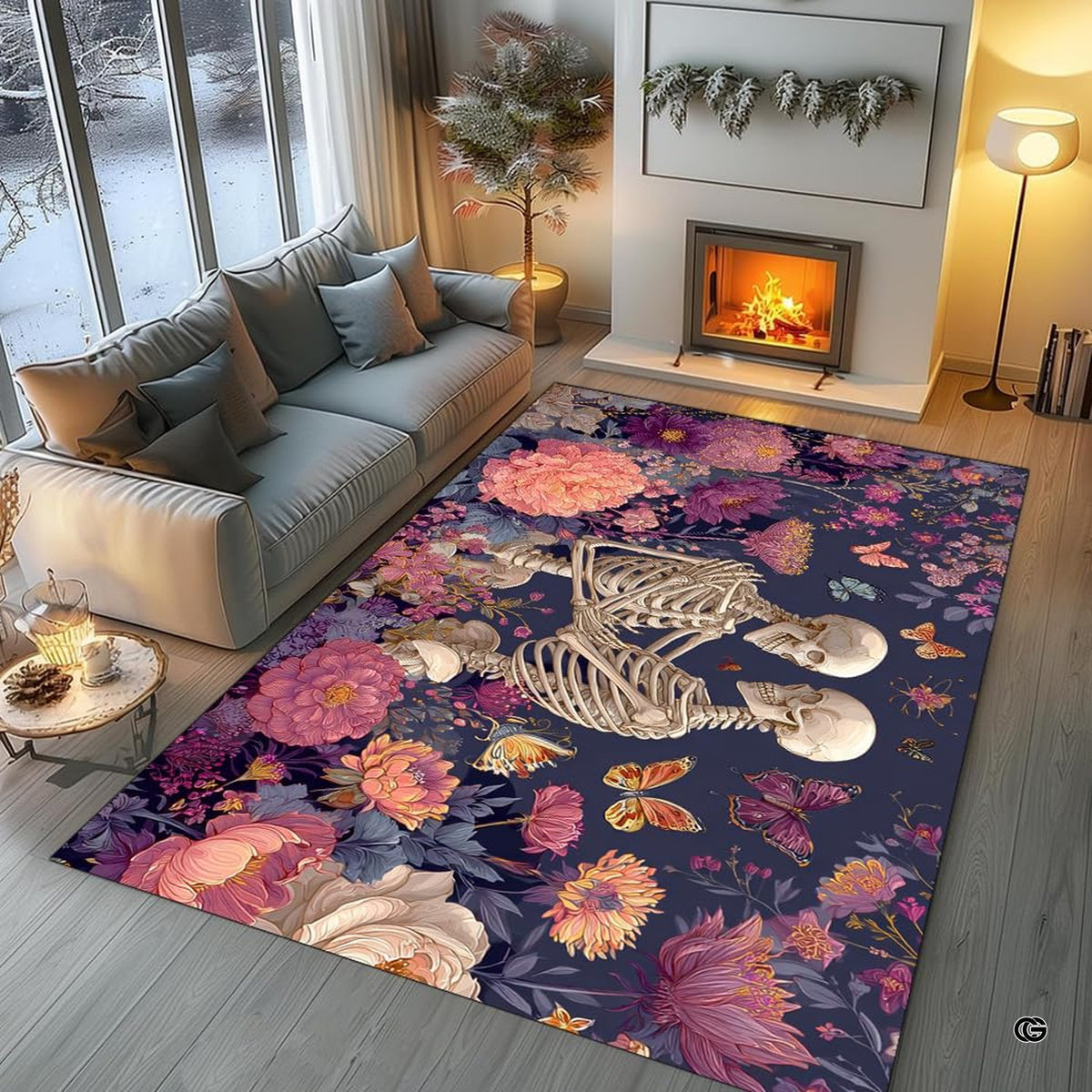 Living room fireplace scene displaying the purple botanical skeleton lovers area rug - image 1 of 8