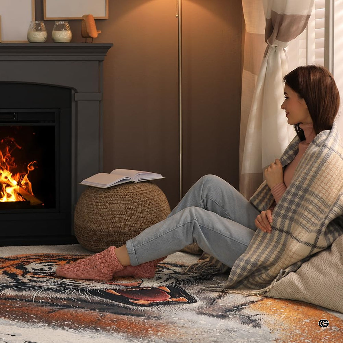 Home lounge arrangement displaying the charging tiger snow accent rug