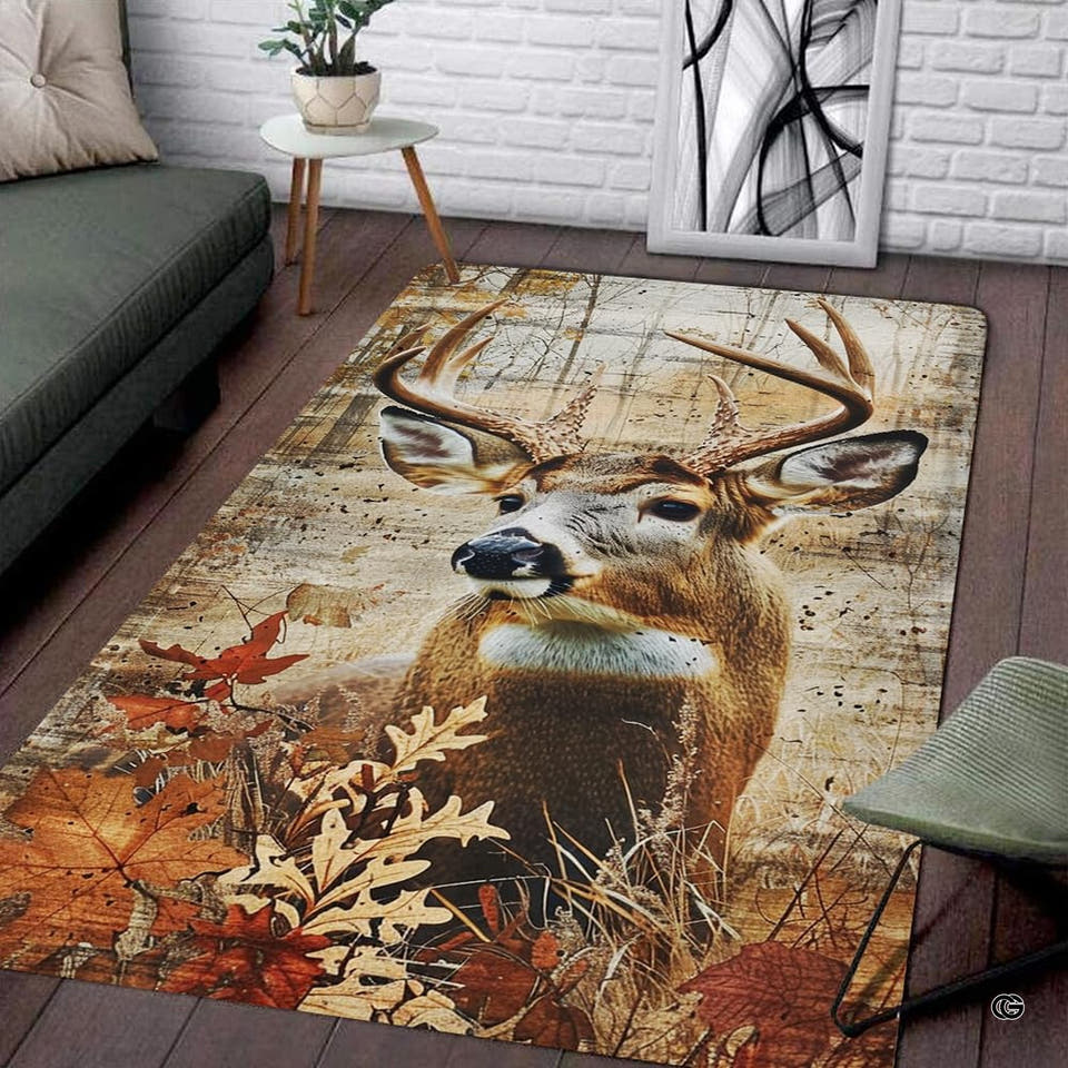Whitetail buck deer portrait with antlers surrounded by autumn oak leaves on a rustic area rug