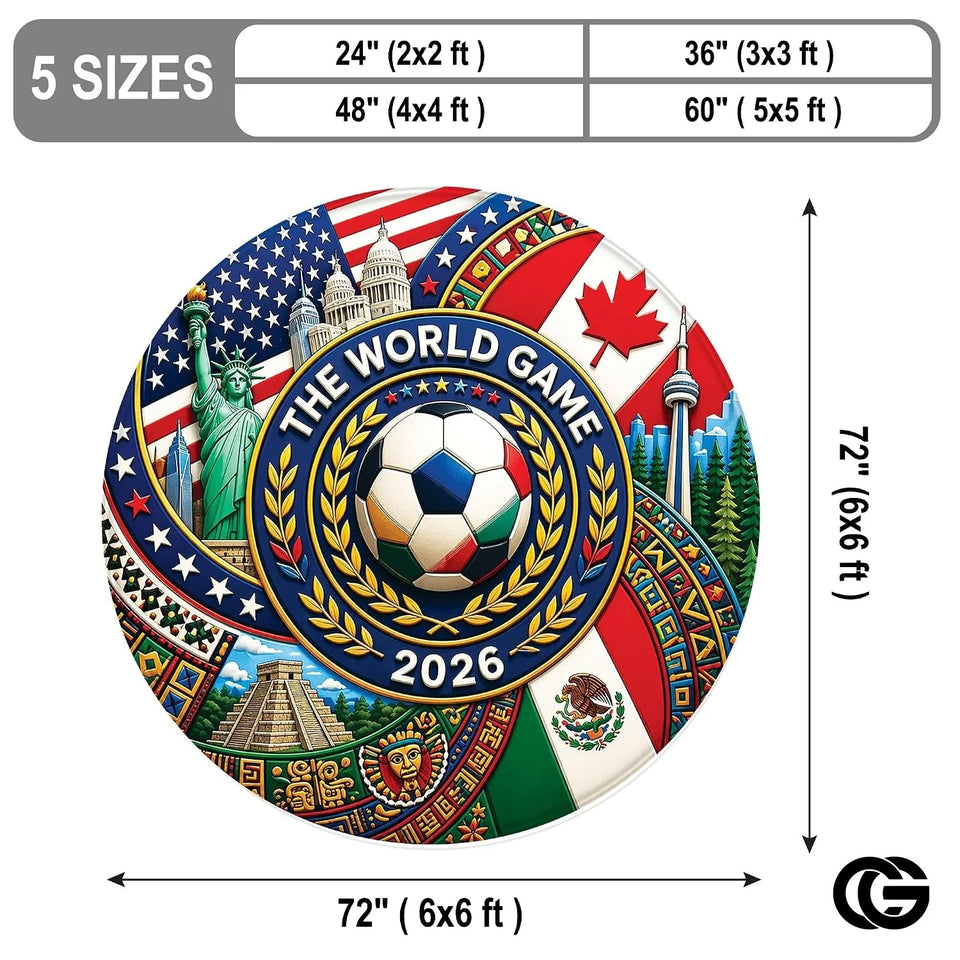 Custom Soccer 2026 Round Rug with Trophy and Flag Design