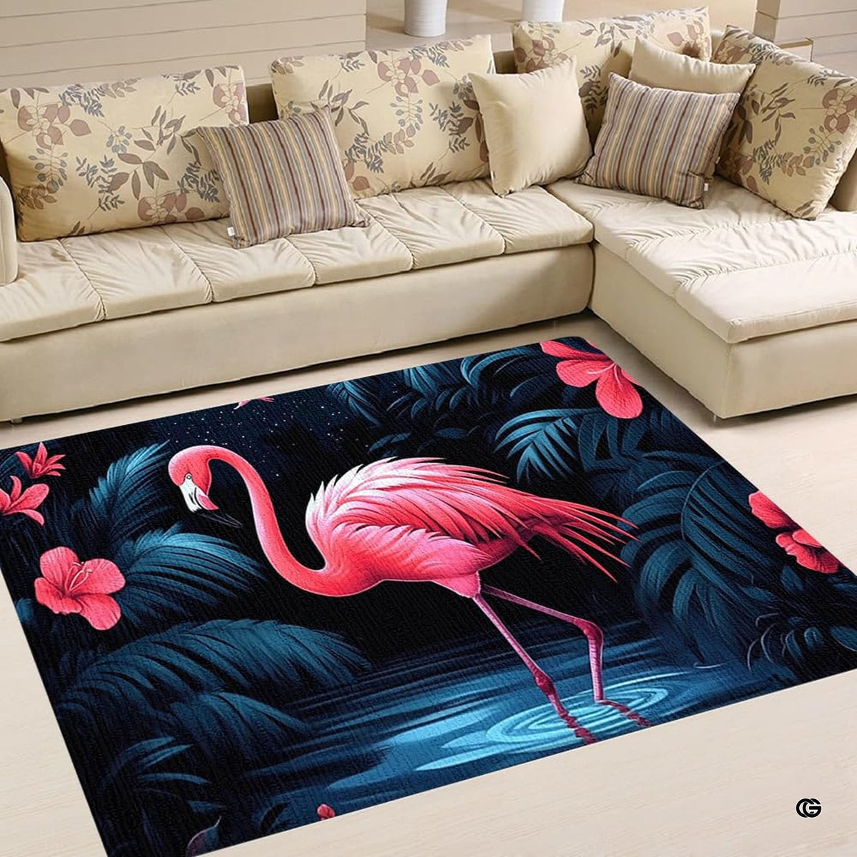 Midnight tropical pink flamingo hibiscus living room area rug in front of a modern sectional couch