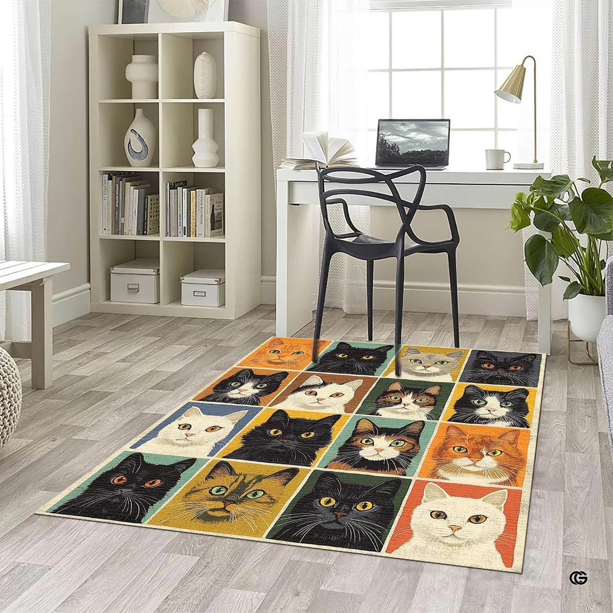 Overhead layout view of the rectangular retro cat breeds patchwork grid rug - image 5 of 5