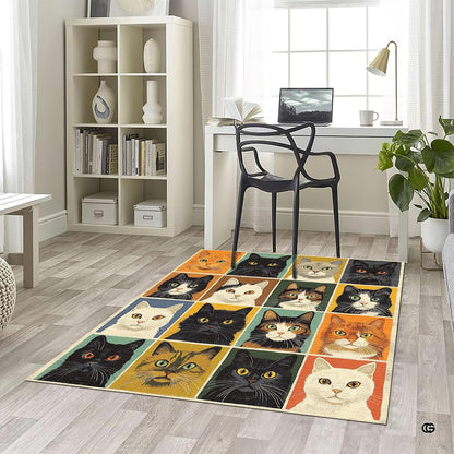 Overhead layout view of the rectangular retro cat breeds patchwork grid rug - thumbnail image 5 of 5