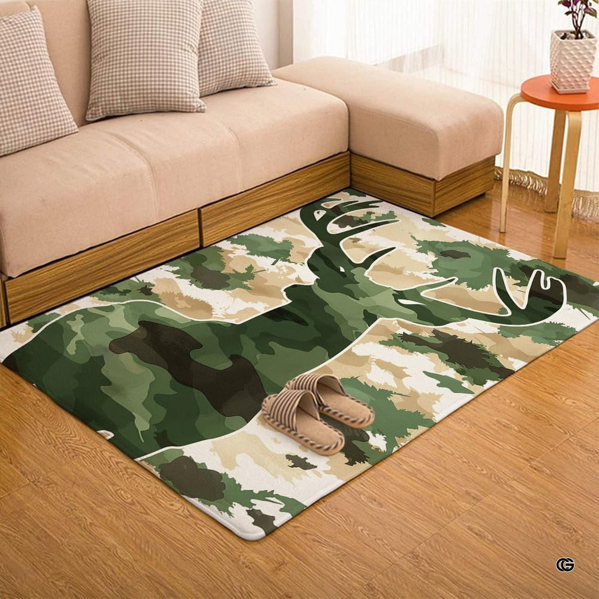 Top-down overhead view of rectangular woodland camo deer buck living room area rug