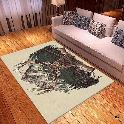 Overhead display of stag deer area rug showcasing majestic antlers, mountain peaks, and deep forest green tones. - thumbnail image 2 of 5