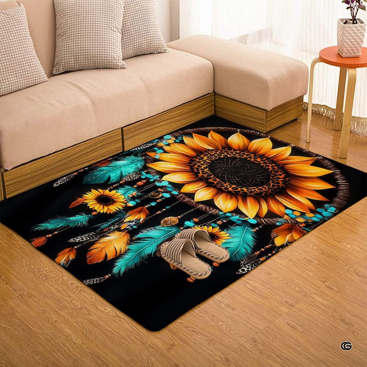 Overhead perspective of sunflower floor rug displaying complete dreamcatcher motif and fringe details. - image 7 of 7