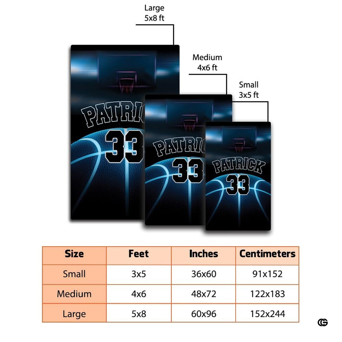 Dimensions and sizing options chart for cyber neon basketball living room area rug - image 2 of 7