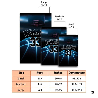 Dimensions and sizing options chart for cyber neon basketball living room area rug - thumbnail image 2 of 7
