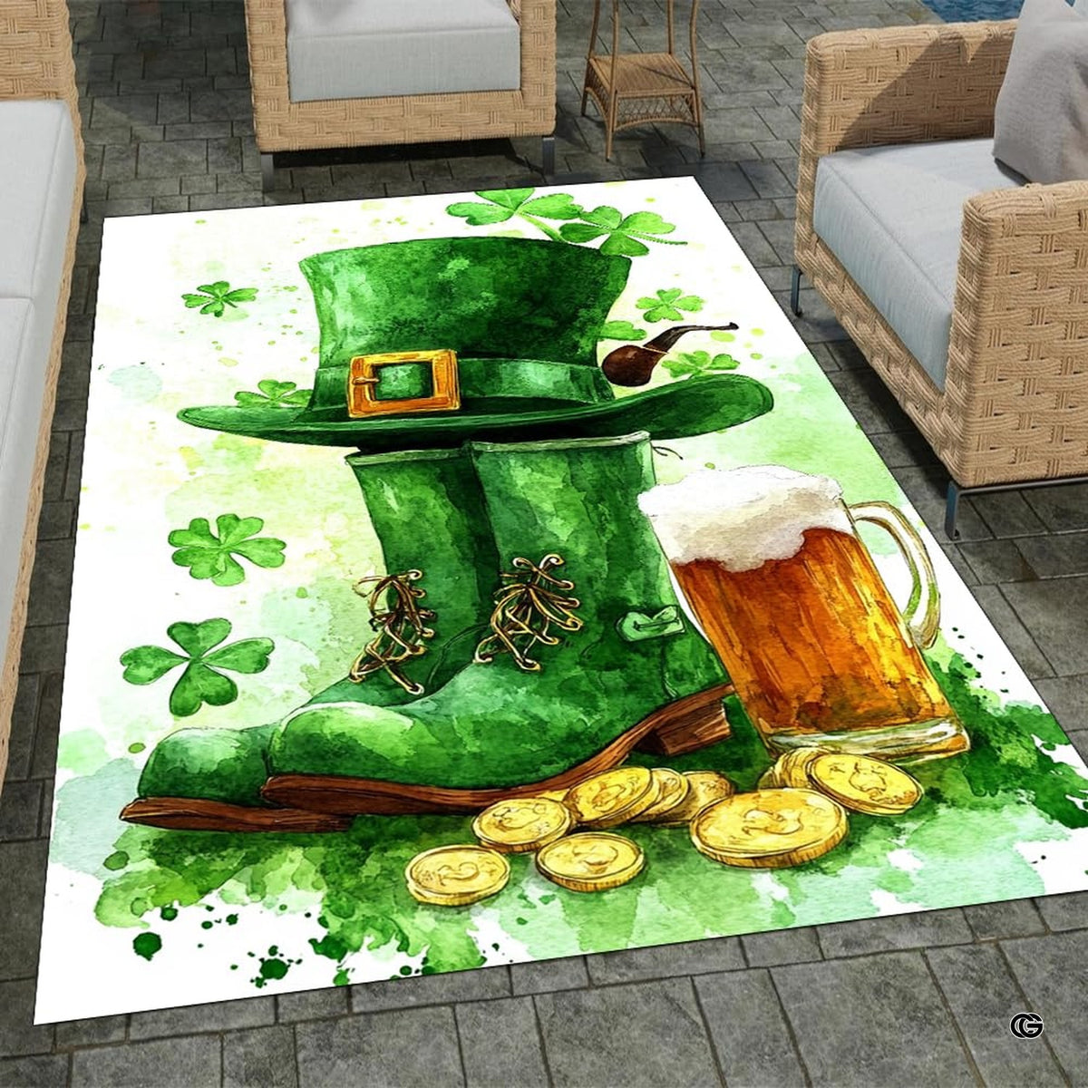 Home lounge setup displaying the festive leprechaun clover floor carpet - image 7 of 8