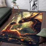 Enchanted forest rug displaying a maiden in a glowing amber dress meeting an ember dragon.
