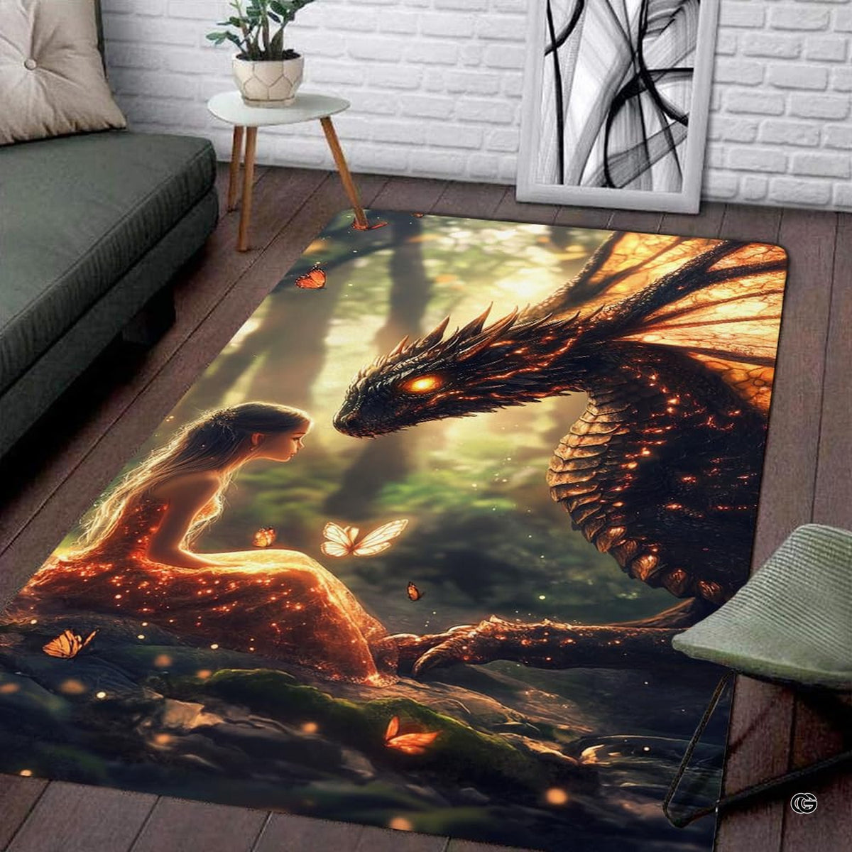 Enchanted forest rug displaying a maiden in a glowing amber dress meeting an ember dragon. - image 1 of 7