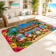 Personalized Tropical Beach Rug, Custom Family Name Tropical Outdoor Rug, Flamingo Surfboard Ocean Area Rug for Living Room, Patio, Beach House Decor, Design 02