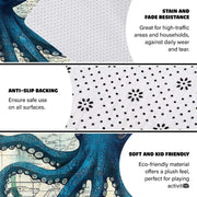 Artistic angle highlighting deep navy ocean tones and antique cream parchment styling on a coastal nautical rug design. - thumbnail image 7 of 7