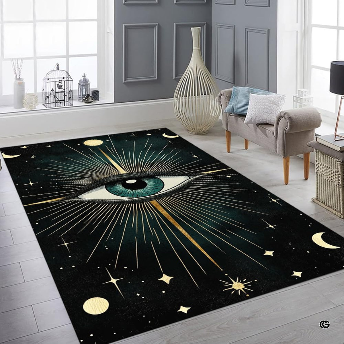 Bright modern sitting room featuring the talismanic evil eye sunburst rug and decorative vases