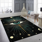 Bright modern sitting room featuring the talismanic evil eye sunburst rug and decorative vases - thumbnail image 6 of 8