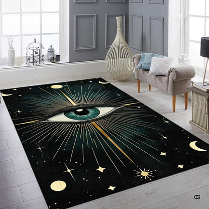 Bright modern sitting room featuring the talismanic evil eye sunburst rug and decorative vases - thumbnail image 6 of 8