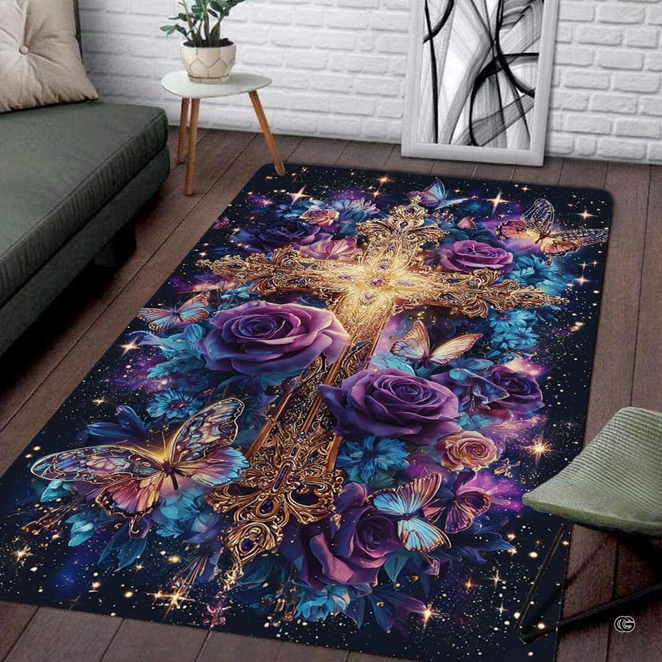 Gilded cross purple roses butterflies cosmic area rug in primary perspective