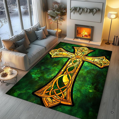 Detailed angle of marbled emerald green and amber stained glass graphics on an area rug. - thumbnail image 5 of 8