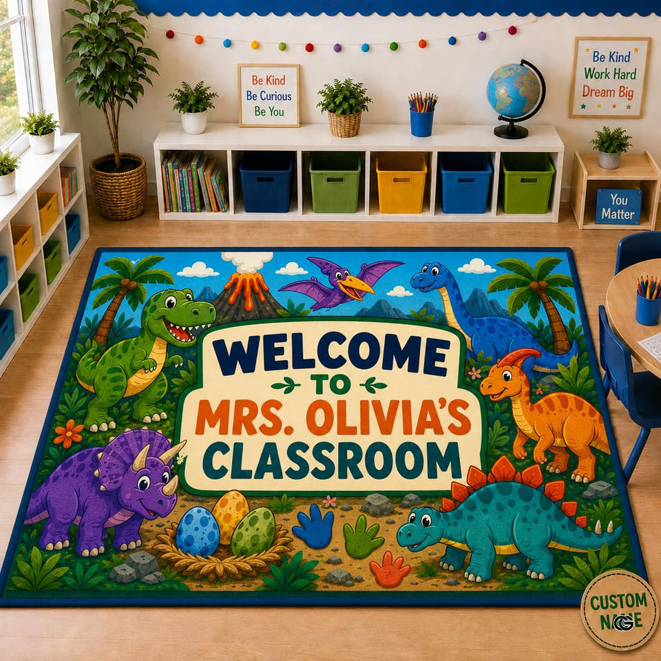 Prehistoric dinosaur volcano jungle kids area rug in primary perspective