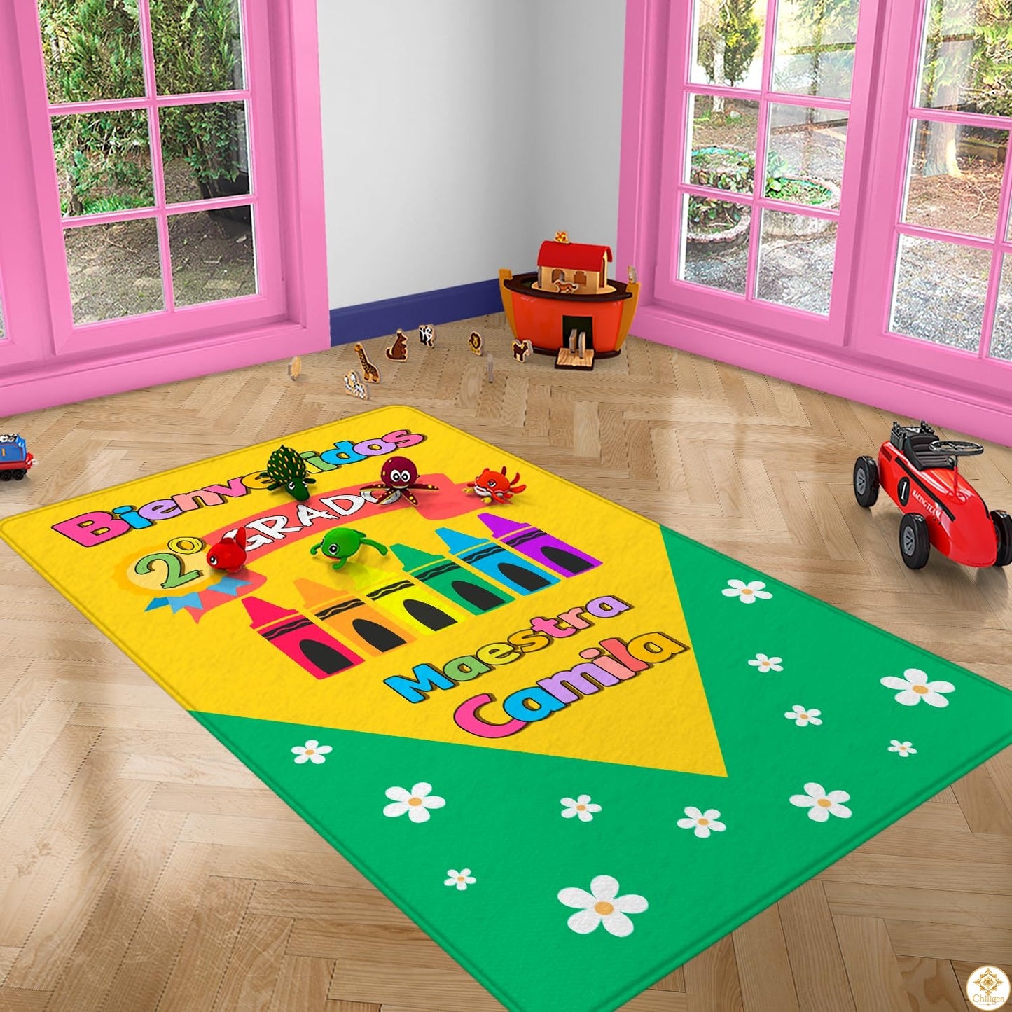 Spanish ABC Classroom Rug with Bilingual Alphabet and Numbers