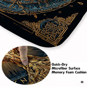 Fireside lounge setting with a person relaxing on the golden Yggdrasil rug - thumbnail image 5 of 8