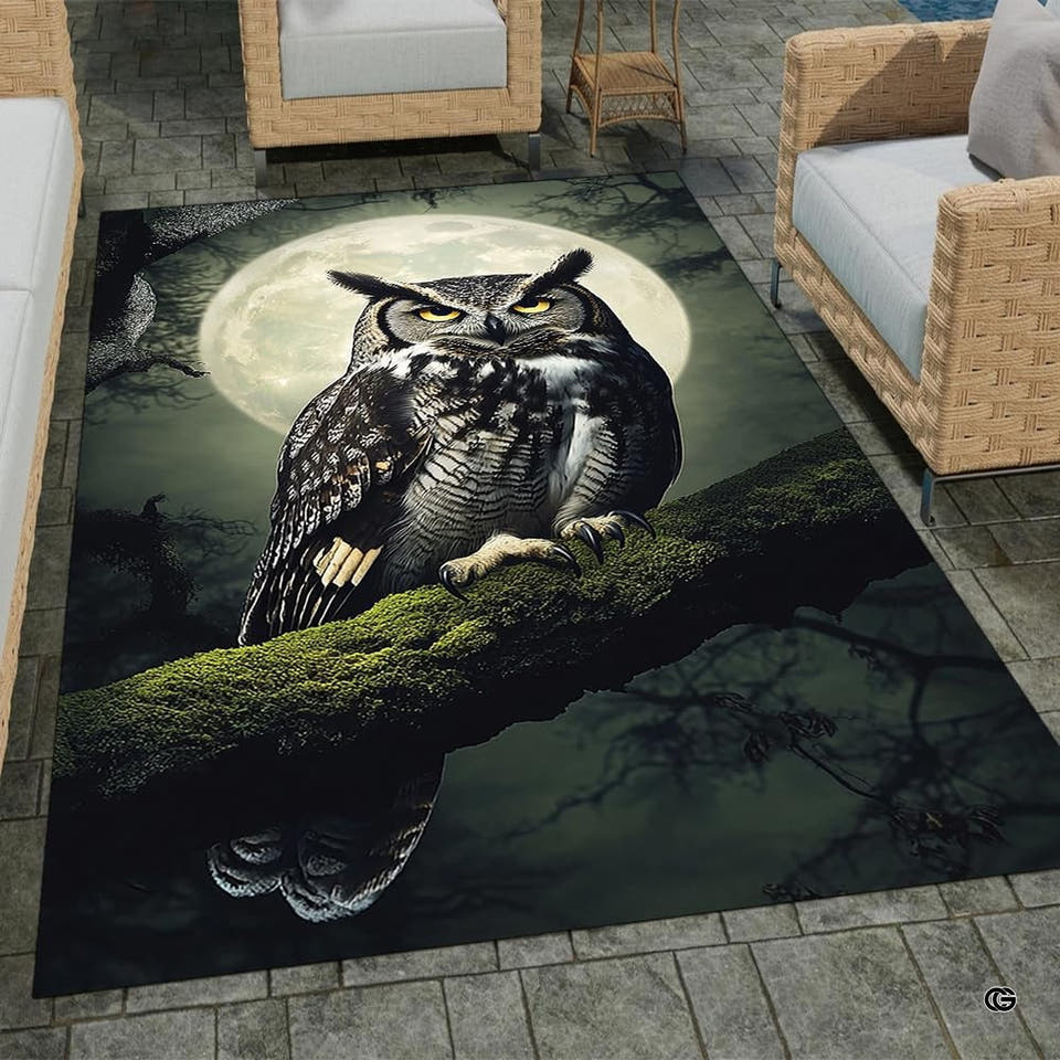 Full moon horned owl on mossy branch living room area rug with misty forest canopy