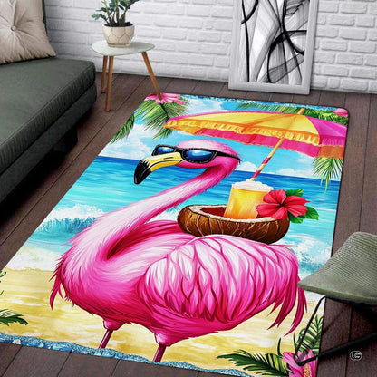 Tropical coastal area rug featuring a pink flamingo in sunglasses on a sunny beach. - thumbnail image 1 of 8