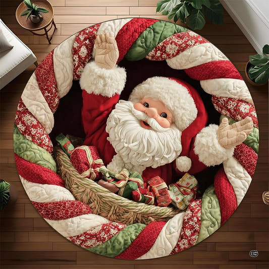 Santa waving from a gift basket on a round area rug with a red and sage green wreath border.