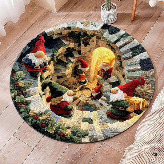 Holiday gnomes subterranean spiral well circular area rug in top overhead view